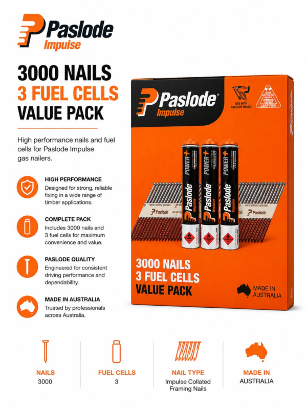 Paslode 75mmx3.06mm (3000 Nails + 3 Fuel Cells)